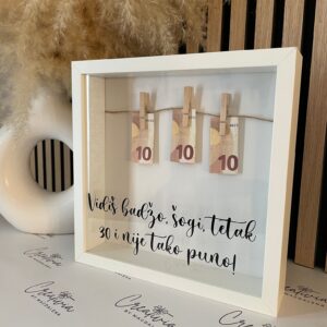 Rahmen mit Geld und humorvollem Spruch